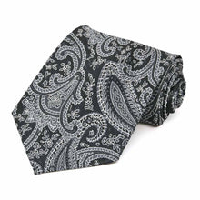 Load image into Gallery viewer, Black and silver paisley tie, rolled to show pattern up close