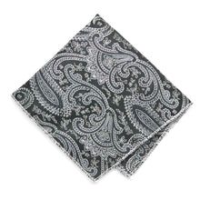 Load image into Gallery viewer, Black and silver paisley pocket square, flat front view