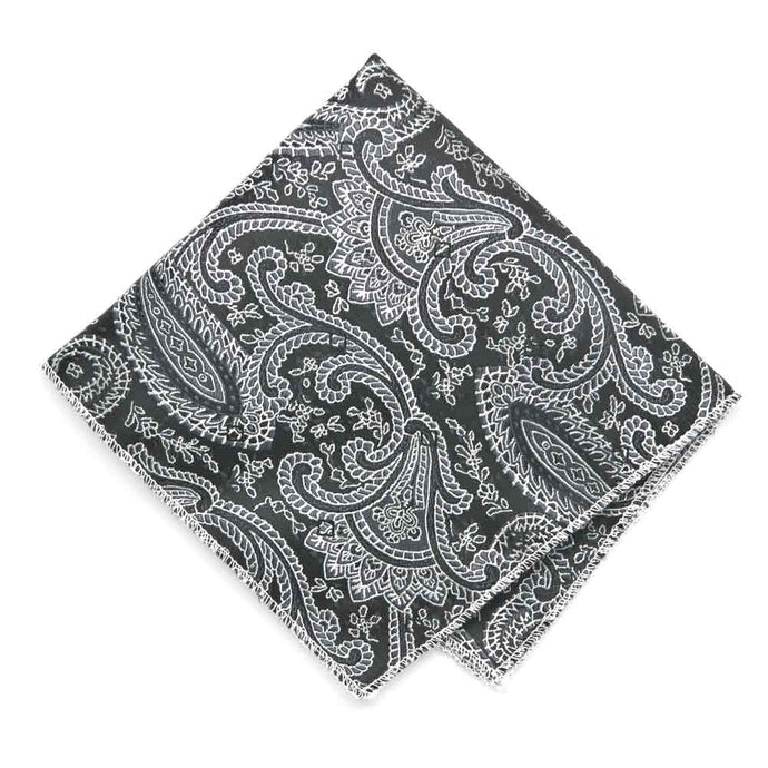 Black and silver paisley pocket square, flat front view