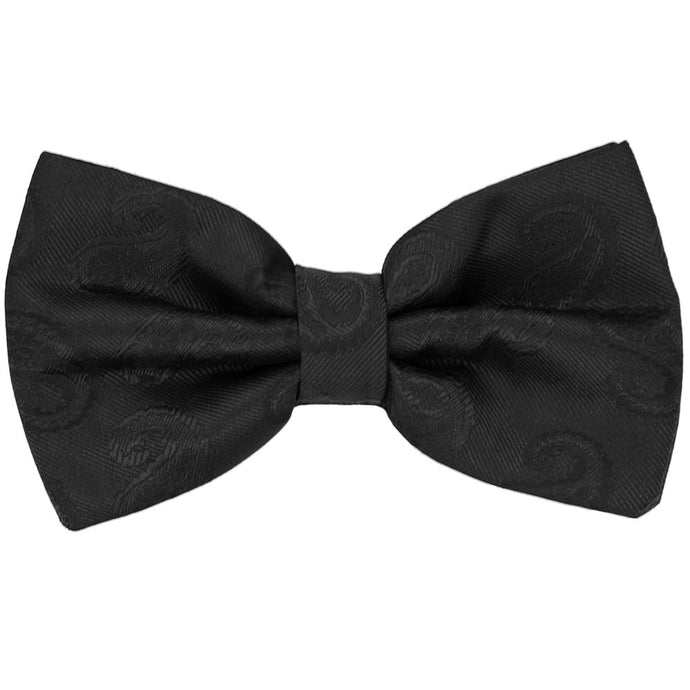 Black pre-tied bow tie with a woven paisley pattern, front view