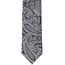 Load image into Gallery viewer, The front tip view of a black paisley slim tie