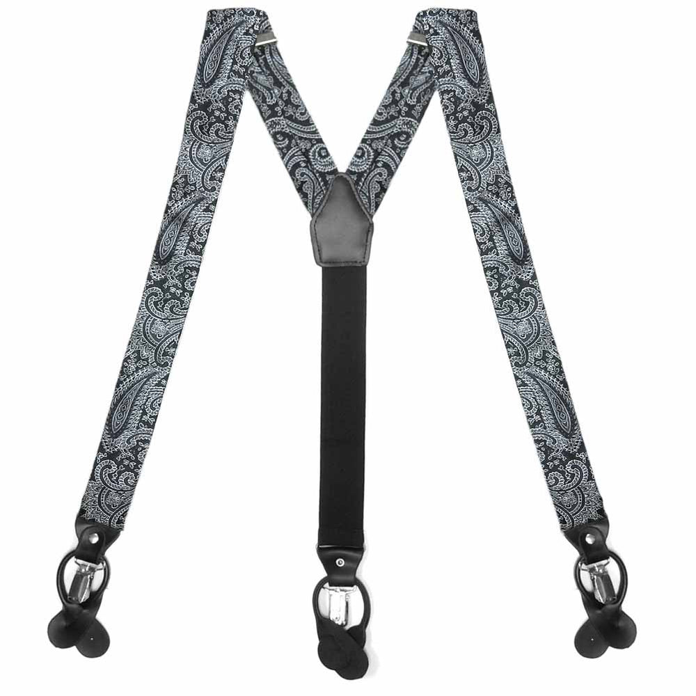 Black and silver paisley suspenders, flat front view to show clips and straps