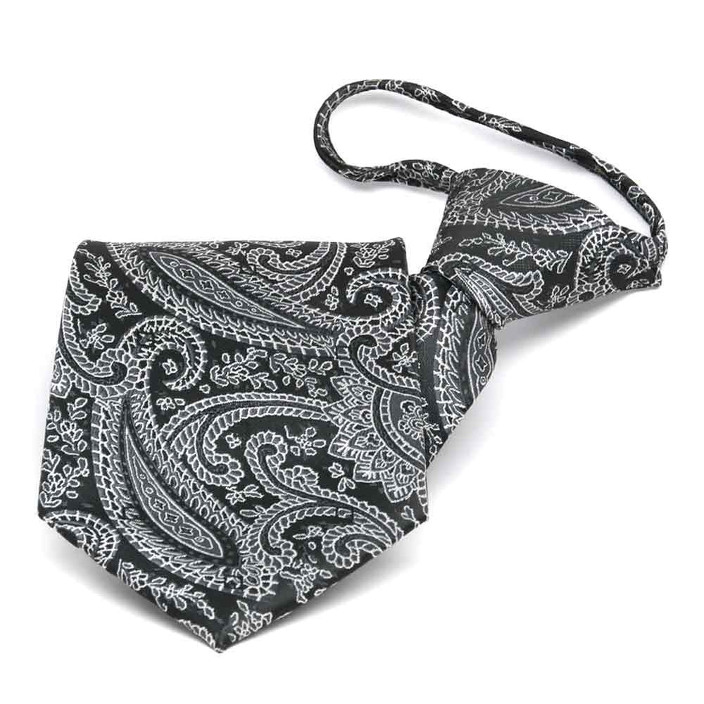 Black and silver paisley zipper tie, folded front view