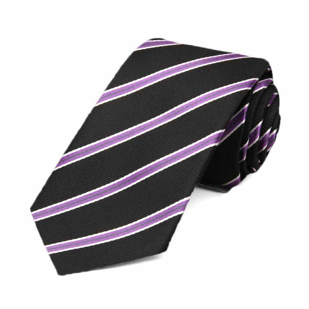 Slim black and purple striped tie, rolled view