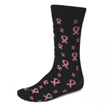 Load image into Gallery viewer, Black breast cancer awareness socks with pink ribbons