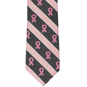 Front view of a black and light pink breast cancer awareness striped tie