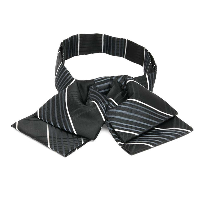 Black, silver and white plaid floppy bow tie, front view
