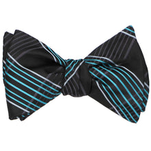 Load image into Gallery viewer, Black and turquoise plaid self-tie bow tie, tied