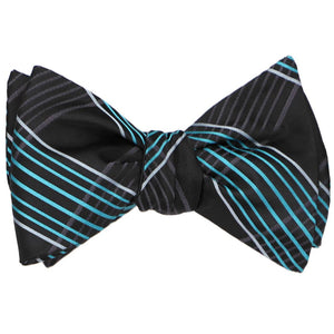 Black and turquoise plaid self-tie bow tie, tied