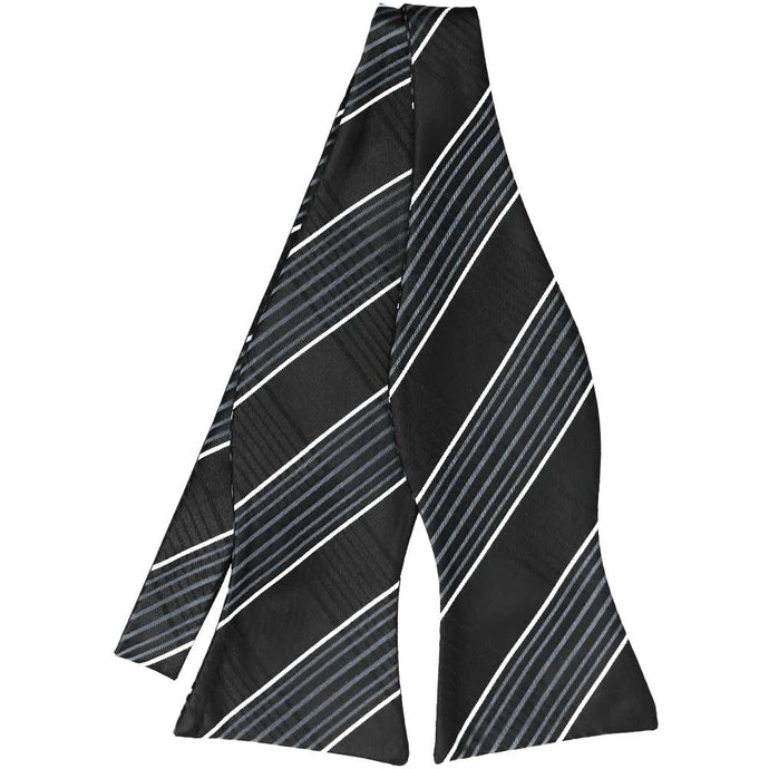 Black, silver and white plaid self-tie bow tie, untied front view