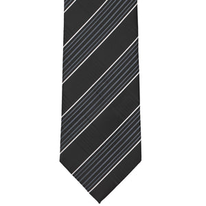 Flat front view of a black, silver and white plaid tie