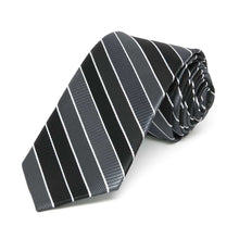 Load image into Gallery viewer, Rolled view of a black, gray and white striped slim necktie
