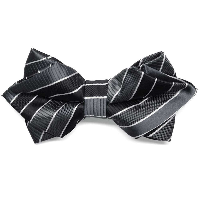 Front view of a black, gray and white striped diamond tip bow tie