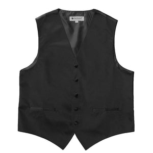 The front of a men's black vest with fabric covered buttons