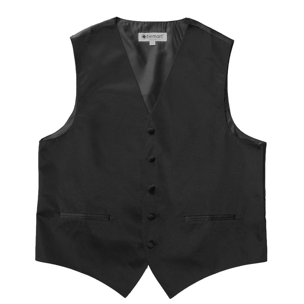 The front of a men's black vest with fabric covered buttons