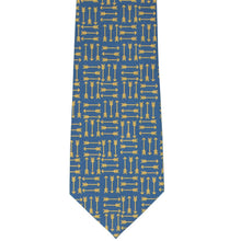 Load image into Gallery viewer, Front view dark blue and gold arrow repeating pattern tie