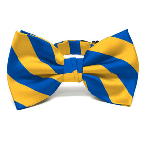 Blue and golden yellow striped bow tie, pre-tied with a band collar