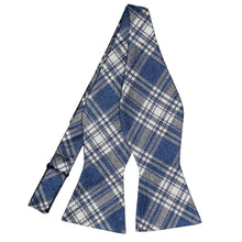 Load image into Gallery viewer, An untied blue white and gray plaid self-tie bow tie