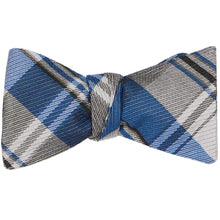 Load image into Gallery viewer, A tied blue and gray plaid self-tie bow tie