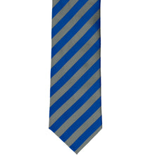 Load image into Gallery viewer, The front of a blue and gray thinner striped tie, with ribbing on the gray stripes