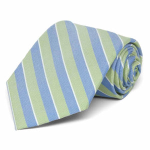 Blue and green striped tie in an extra long length, rolled to show fabric texture