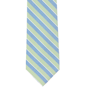 The front of a blue and green striped tie in an extra long length