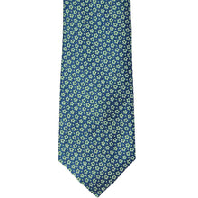 Load image into Gallery viewer, Front view of a blue and lime green small floral pattern necktie
