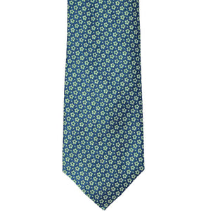 Front view of a blue and lime green small floral pattern necktie