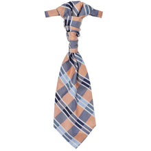 Load image into Gallery viewer, A blue and peach plaid cravat, laying flat to display the full tie