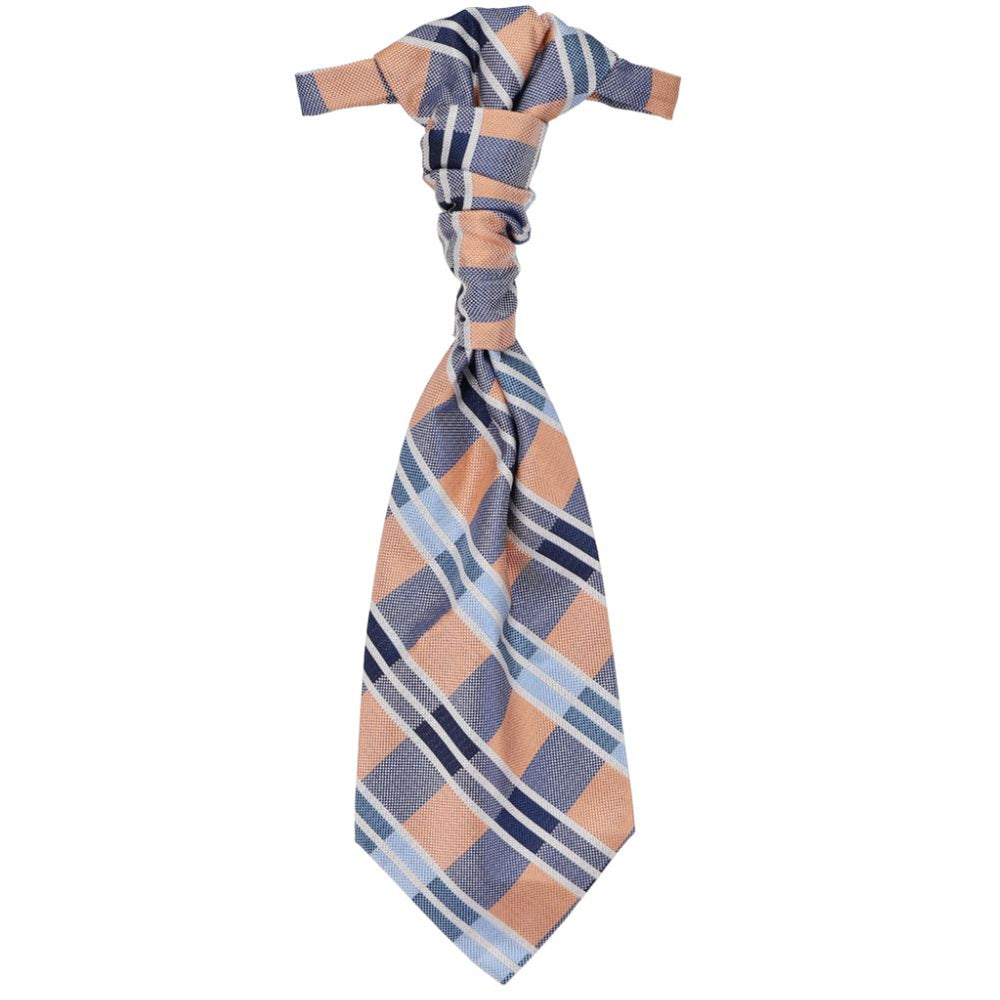 A blue and peach plaid cravat, laying flat to display the full tie