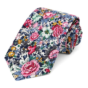 Blue and pink floral pattern rolled tie