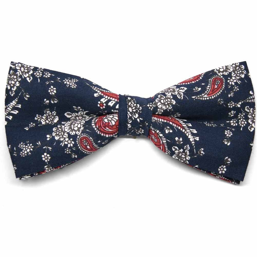 A navy blue and red paisley pre-tied bow tie