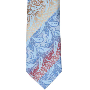 Front view blue, red and brown striped paisley tie
