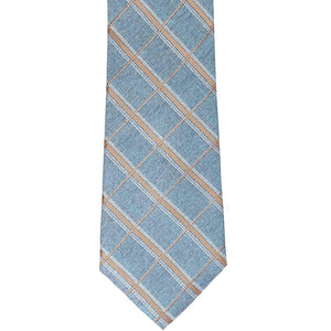 The front of a blue and tan plaid tie