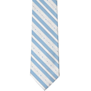 The front of a blue and white floral striped slim tie