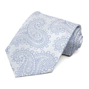 Muted blue paisley on white necktie rolled to show texture