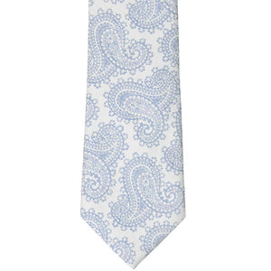 The front of a white tie with a large, subdued paisley pattern