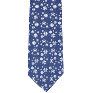 Front view of a blue and white snowflake necktie