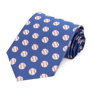 A blue necktie with a white and red baseball pattern