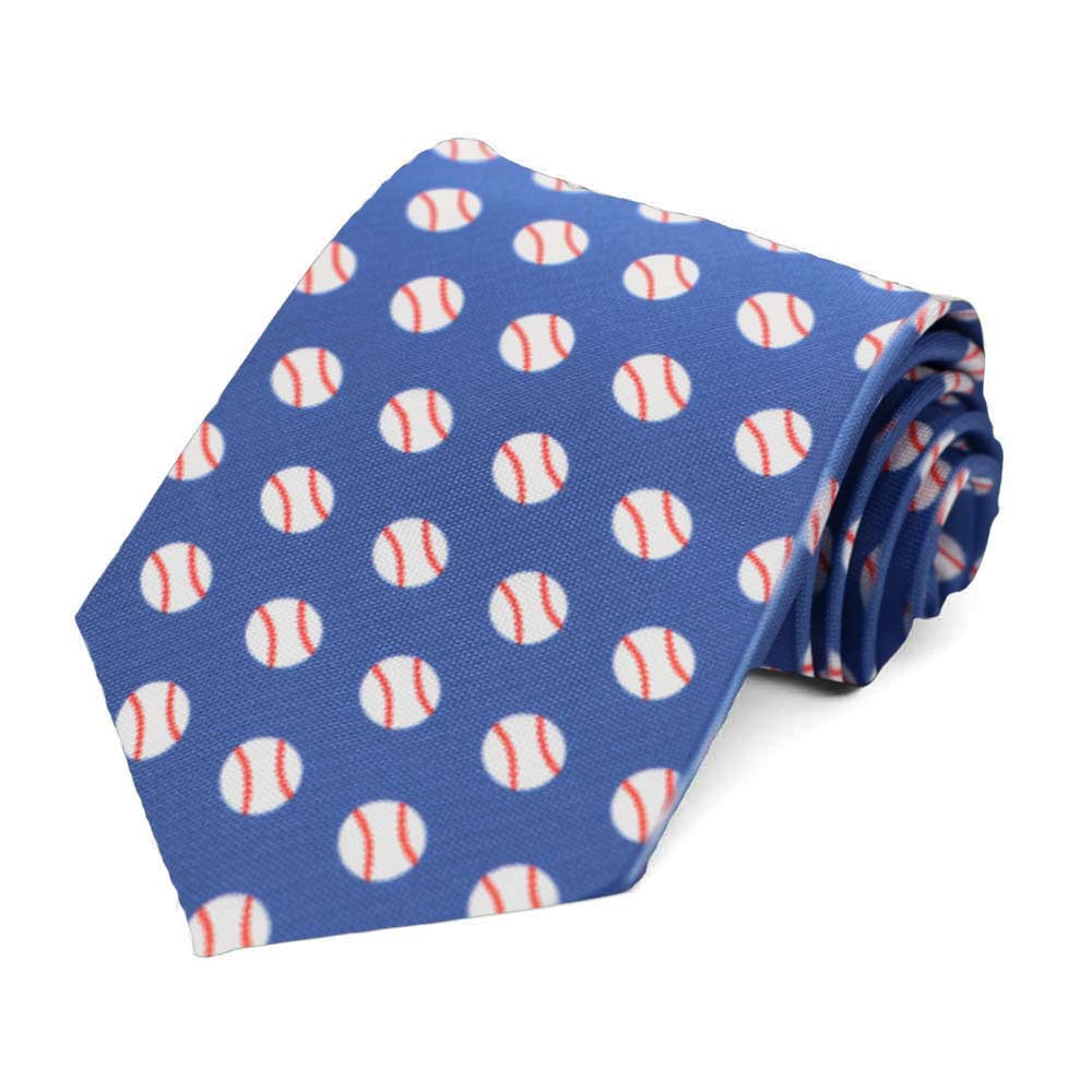 A blue necktie with a white and red baseball pattern
