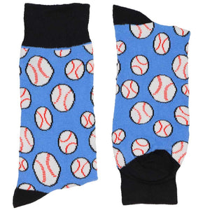 A folded pair of blue baseball themed novelty socks
