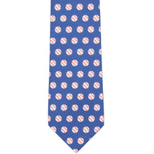 Load image into Gallery viewer, The front view of a blue tie with baseballs all over it