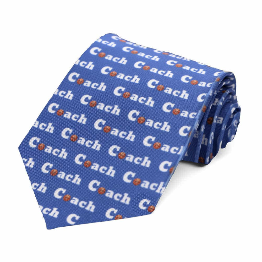 A rolled basketball coach themed necktie in blue