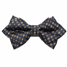 Load image into Gallery viewer, Navy blue and brown plaid diamond tip bow tie, front view
