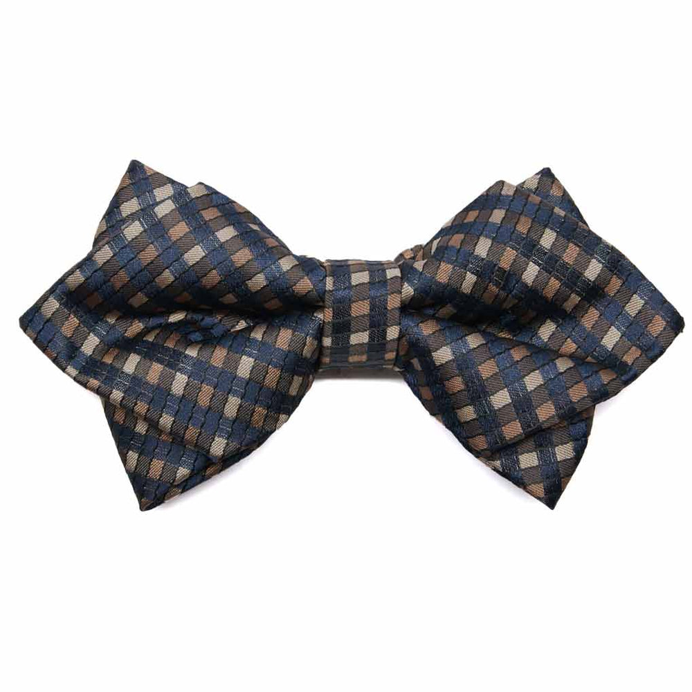 Navy blue and brown plaid diamond tip bow tie, front view