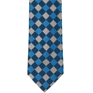 Front bottom view of a blue check pattern tie
