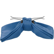 Load image into Gallery viewer, The side view of a blue clip-on bow tie, opened