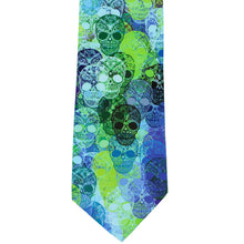 Load image into Gallery viewer, Front view of a blue and green day of the dead sugar skull necktie