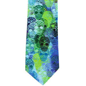 Front view of a blue and green day of the dead sugar skull necktie