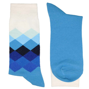 Pair of men's fun socks with a blue diamond pattern